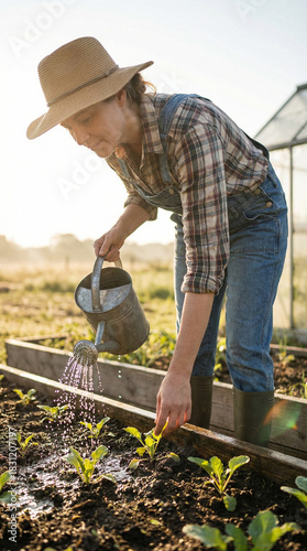 Woman farmer watering seedlings in a garden under sunlight  