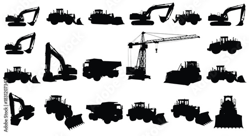 vector Construction equipment silhouettes vector illustration of heavy machinery including excavators bulldozers and cranes isolated on white background