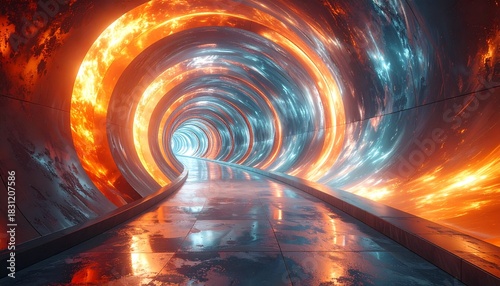 Fototapeta Naklejka Na Ścianę i Meble -  Futuristic tunnel with fiery and icy light.