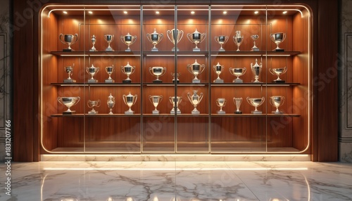 Luxurious trophy cabinet showcases many cups and awards on wooden shelves. Shiny metal prizes arranged neatly behind glass doors in opulent room. Interior design concept for achievement.