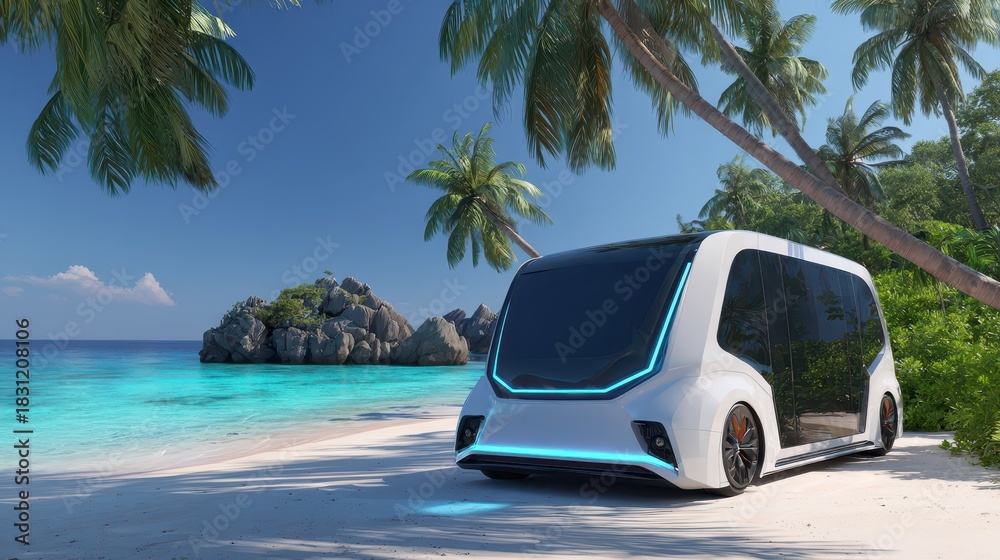 Naklejka premium Futuristic Electric Camper Van Concept Set in Tropical Island Adventure Landscape