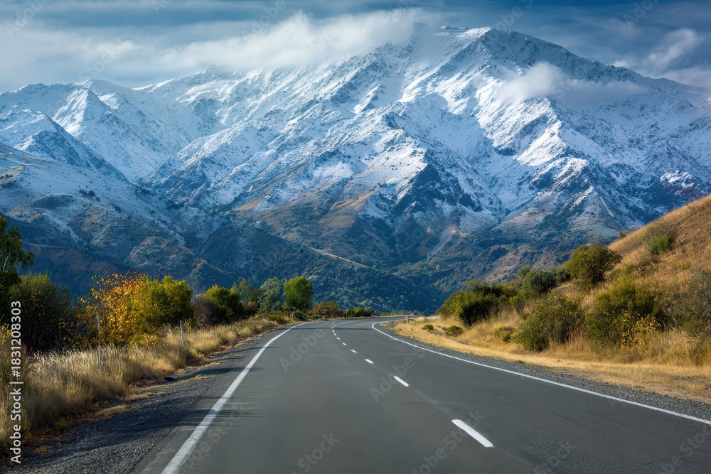 Fototapeta premium Asphalt Roadway Winding Through Lush Bushes Toward Majestic Snow-Capped Peaks