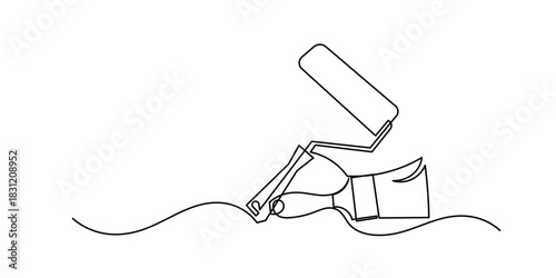 continuous line of brushes and paint rollers.single line drawing of wall coloring equipment.