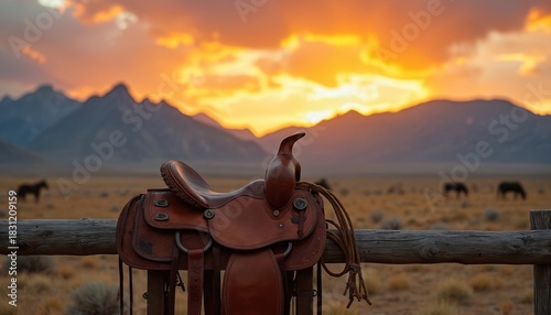 Leather saddle sits on wood fence. Horses graze on rural plain at sunset. Mountains form scenic backdrop. Nature scene conveys west heritage, ranching lifestyle, cowboy legacy, american west.