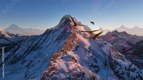 An awe-inspiring aerial panorama captures the majestic snow-capped mountains bathed in the warm, golden light of either sunrise or sunset. The rugged peaks pierce through a serene sea of clouds that b