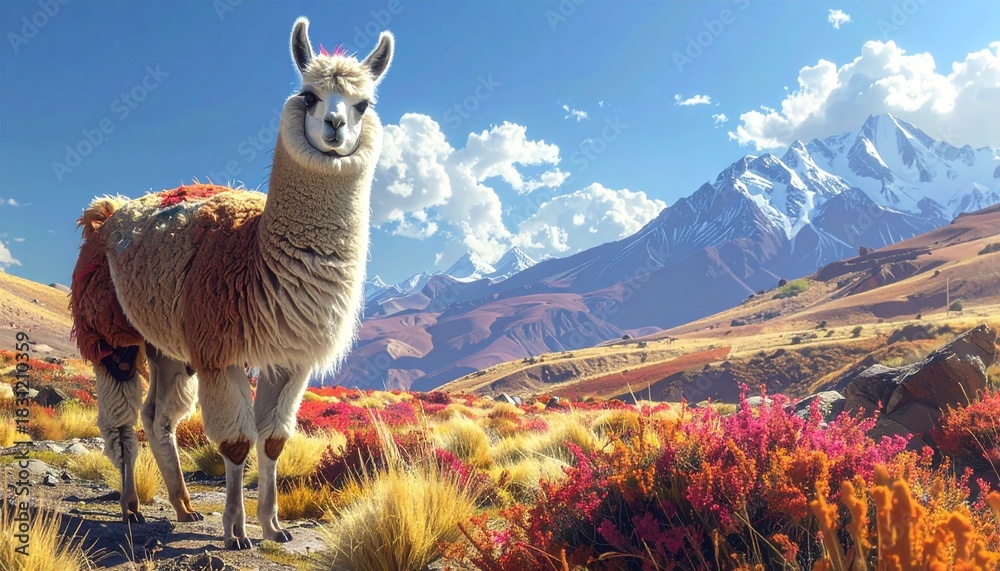 Naklejka premium Llama in Andean Mountain Landscape.