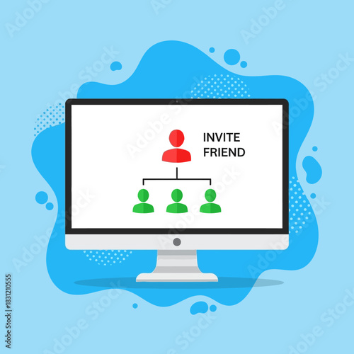 Invite Friend Referral Program on Computer Screen with Network Diagram.