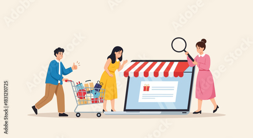 People Shopping Online with Laptop and Shopping Cart Illustration.