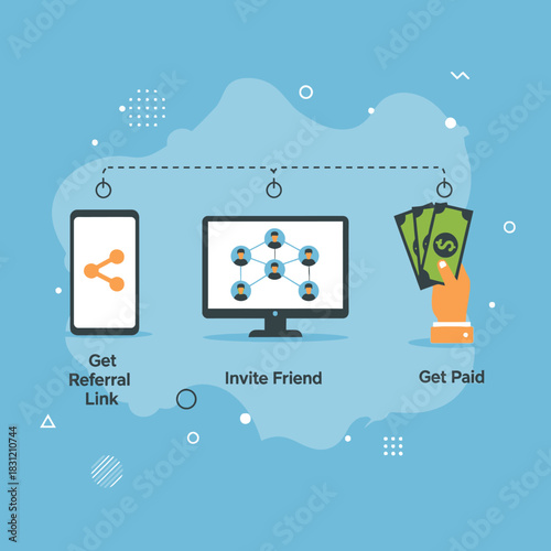 Referral Program Illustration - Get Link, Invite Friend, Get Paid.