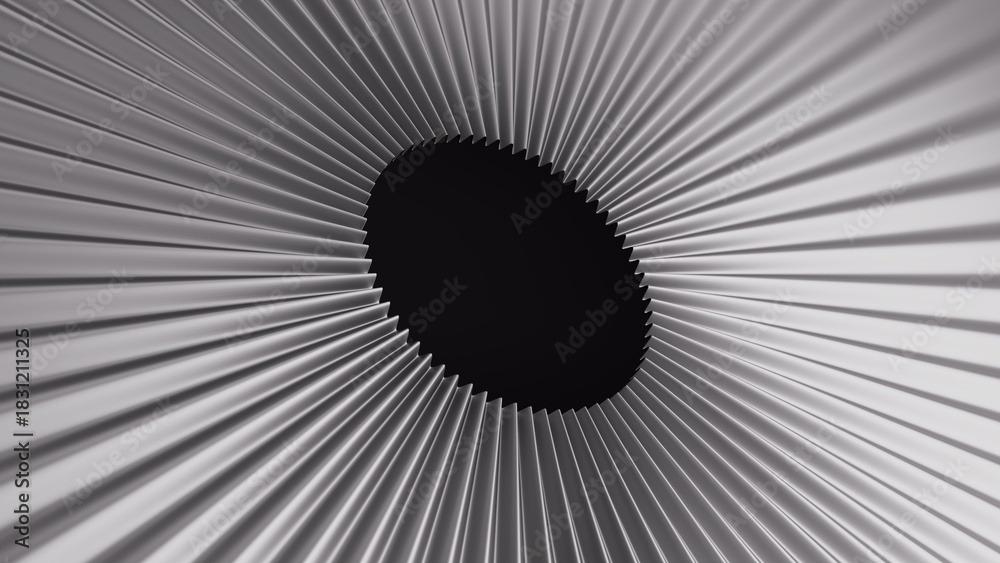 Fototapeta premium Radial pleated paper texture converges into a dark hole. Abstract black and white zigzag fan pattern with depth. 3D render illustration.