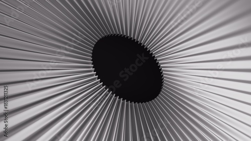 Fototapeta Naklejka Na Ścianę i Meble -  Radial pleated paper texture converges into a dark hole. Abstract black and white zigzag fan pattern with depth. 3D render illustration.