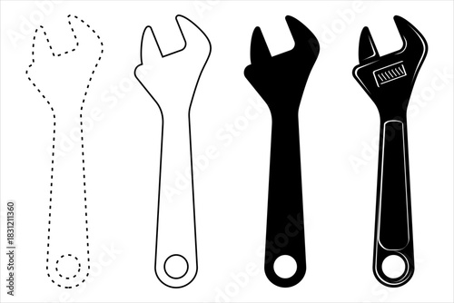 Comprehensive Wrench Vector Graphics Explore various styles including dotted, clean outline, bold silhouette, and a finely detailed adjustable spanner