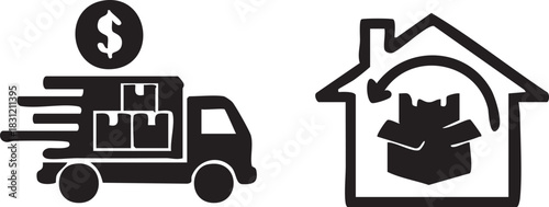 Modern vector illustration depicting the essential elements of e-commerce. Ideal for online shop branding, delivery services, and digital payment processes. Fully editable graphic.