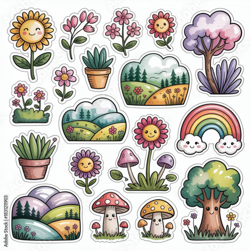 Cute cartoon nature elements with flowers, trees, and rainbows  