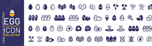 egg, icon, collection, food, breakfast, protein, oval, shell, cracked, fried egg, boiled egg, egg carton, yolk, white background, silhouette, design, vector, set, graphic, element, simple, modern, fla