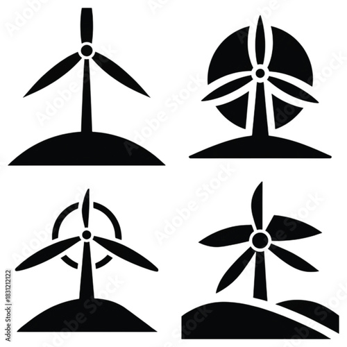 Wind turbine icons in black silhouette style on white background  