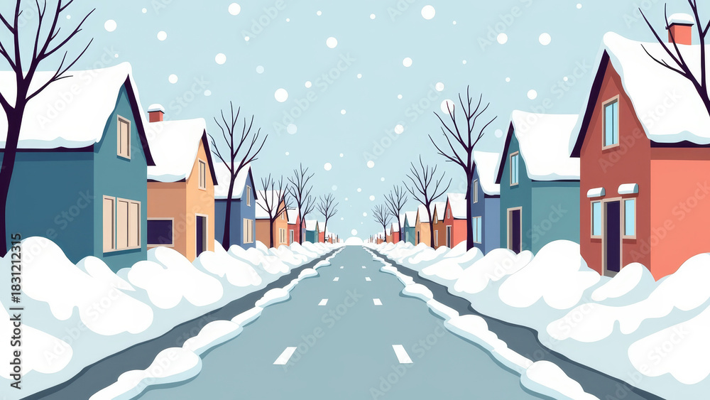 Fototapeta premium Charming quiet street with large snow piles along sidewalks in pastel neighborhood, gentle snowfall, soft winter city atmosphere, cozy calm outdoor winter scene