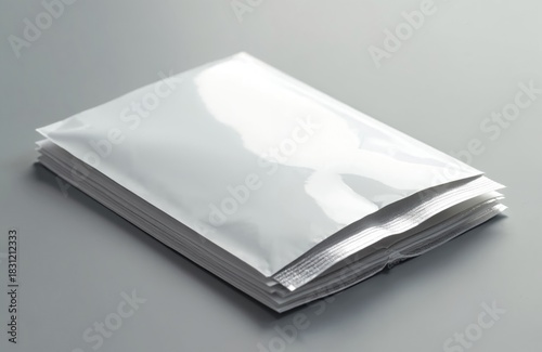 Stack of white polythene envelopes on grey background. Blank mailers and shipping envelopes for packaging and mailing documents. Polyethylene bags for office and courier use.