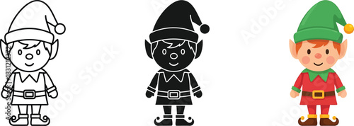 Christmas elf character vector icon set, outline, silhouette, and full color illustration, happy festive design for holiday season celebration