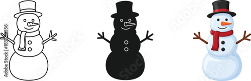 Three distinct snowman illustrations: a clean outline, bold silhouette, and colorful version for winter holidays, christmas, and seasonal projects.