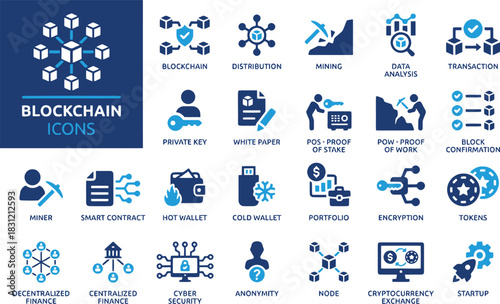 blockchain, cryptocurrency, icons, technology, digital, network, data, security, mining, transaction, distribution, private key, white paper, proof of stake, proof of work, block confirmation, miner, 