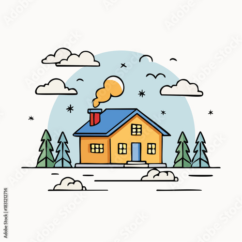 A cozy winter cottage with smoke coming out of the chimney in a fairy-tale style. Perfect for children's cards, calendars, winter decorations, packaging, etc.