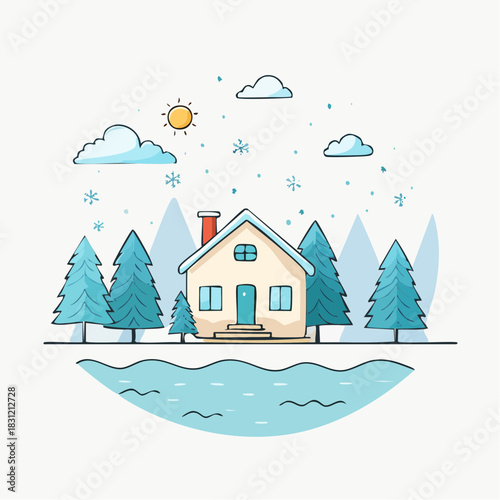 A fairy-tale winter cottage on a sunny day. Perfect for children's cards, calendars, winter decorations, packaging, etc.