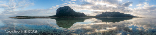 Panoramic view of Le Morne Bay and Le Morne Mountain at sunrise, Mauritius