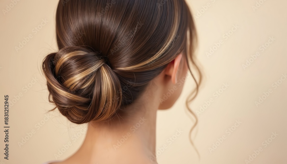 Obraz premium Woman with braided brown hair bun. Smooth texture, blonde highlights visible. Clean background. Elegant hairstyle detail for formal event or daily wear.