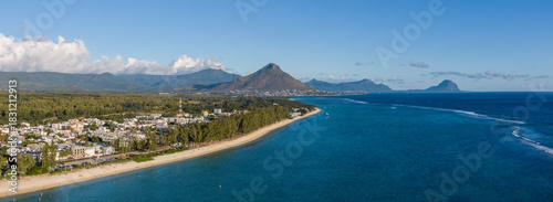 Aerial view of Flic en Flac Beach with mountains, Mauritius