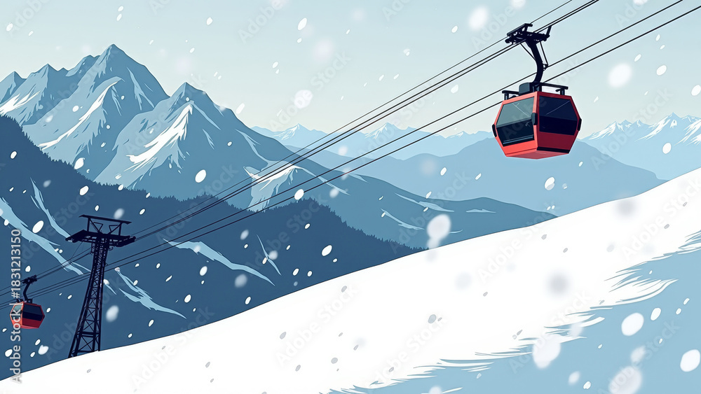 Obraz premium Dramatic cable car in blizzard swinging through heavy snowstorm over dark mountain landscape, bold winter adventure scene with strong dynamic movement