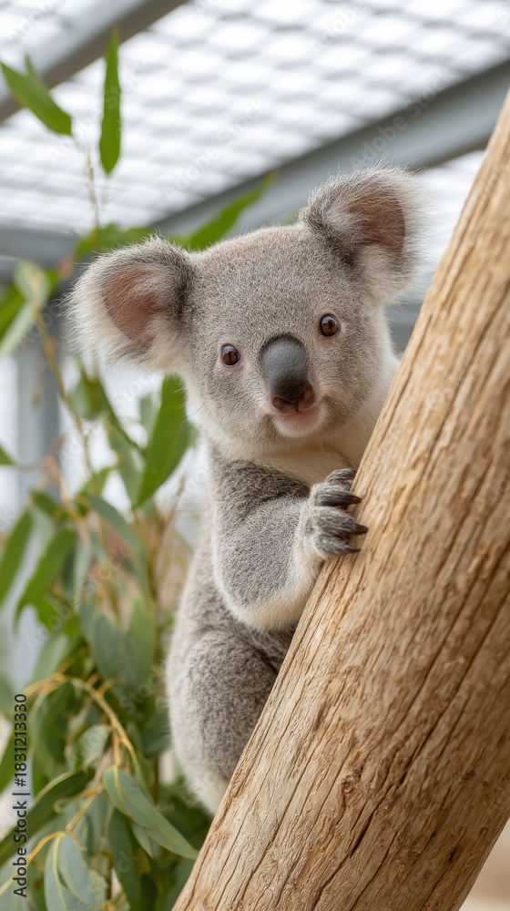 Obraz premium Koala climbing on wooden structure in rehabilitation center for conservation efforts