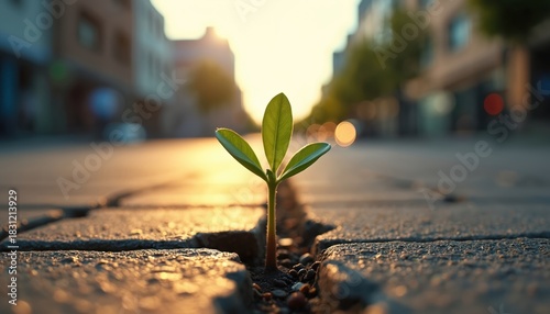 Fototapeta Naklejka Na Ścianę i Meble -  Tiny green sprout grows from crack in urban pavement. Sunlight illuminates plant overcoming concrete obstacles. Symbolizes hope, new beginnings and nature persistence in city.