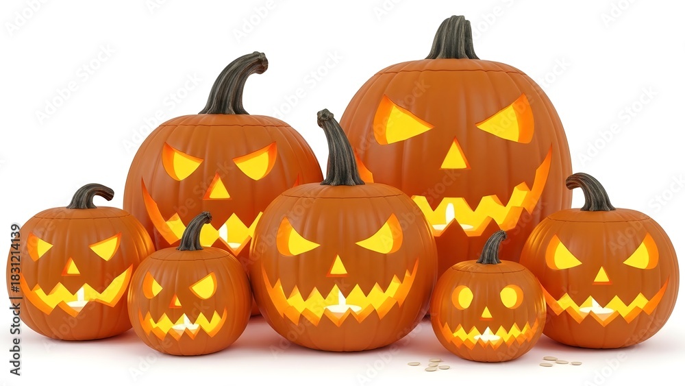 Fototapeta premium Halloween pumpkins glowing in the dark on white background
