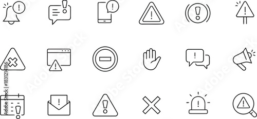 icon, alert, notification, warning, symbol, bell, message, chat, phone, triangle, exclamation, mark, stop, hand, megaphone, calendar, envelope, search, magnifying glass, cross, siren, line art, graphi