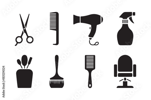 Collection of black silhouettes of hair salon tools and equipment
