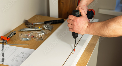 Wallpaper Mural The process of assembling white cabinet furniture using a screwdriver Torontodigital.ca