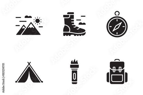 Outdoor adventure icons camping hiking and exploration symbols