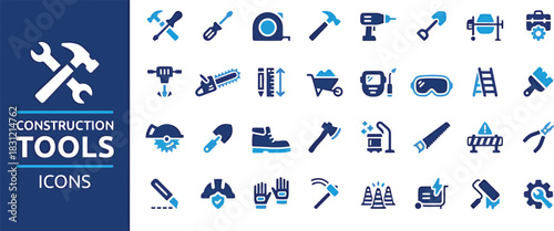 illustration, flat, drill, screwdriver, building, blue, jackhammers, cones, symbol, boots, industrial, vacuum, gear, white, theme, wrenches, saw, design, screwdrivers, axes, vector, construction., gra
