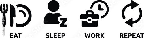 eat, sleep, work, repeat, routine, daily, life, cycle, schedule, time, activity, rest, food, meal, briefcase, clock, person, silhouette, fork, knife, plate, arrows, loop, symbol, icon, graphic, vector