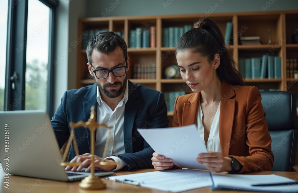 © Pete - Lawyers collaborate reviewing legal documents on laptop in professional office setting. Focused professionals analyze contracts paperwork discussing strategy. Serious business meeting legal