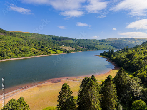 Aerial drone view of Talybont Reservoir in the Brecon Beacons National Park, Wales