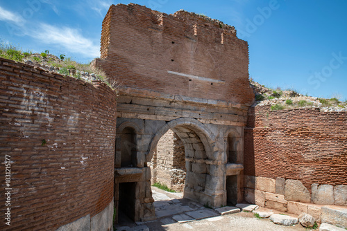 Fototapeta Naklejka Na Ścianę i Meble -  Iznik Castle gate, walls and water channel in Türkiye 2025 