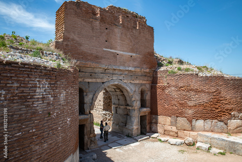 Fototapeta Naklejka Na Ścianę i Meble -  Iznik Castle gate, walls and water channel in Türkiye 2025 