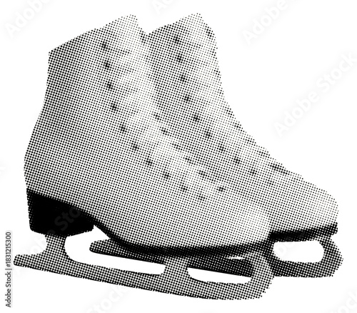 ice skates isolated retro halftone vintage dots texture cut-out collage element for mixed media winter sports skating design