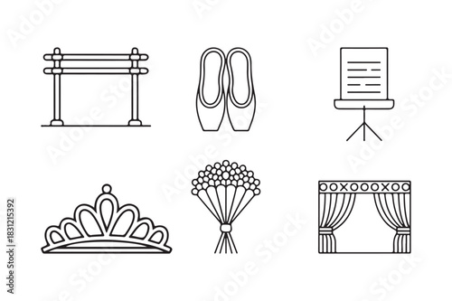 Ballet studio icons featuring dance accessories and stage elements