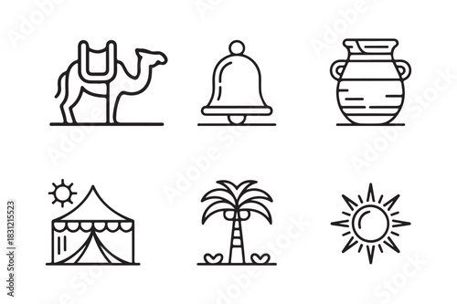 Desert oasis and caravan icons set