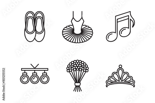 Ballet icons collection featuring shoes tutu music lights bouquet and tiara