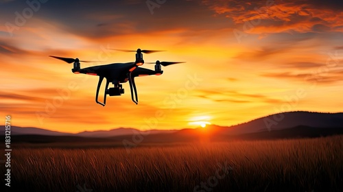 Drone flying over golden field at sunset offers stunning aerial landscape views