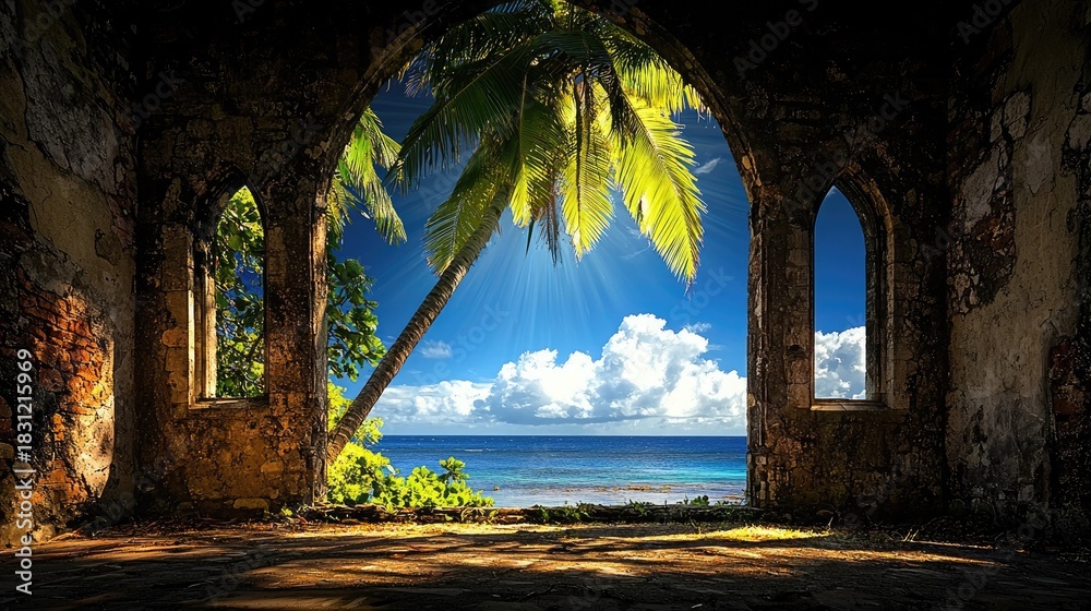 Fototapeta premium Discover stunning tropical paradise framed by ancient ruins and crystal ocean view